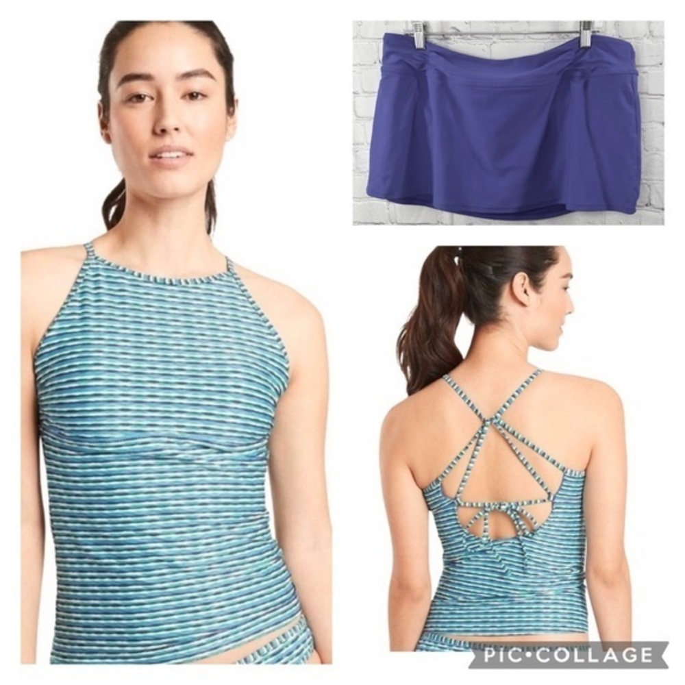 Athleta Marbella Purple Tankini 2 Piece Top Skirt Set High Neck L/XL Swimsuit